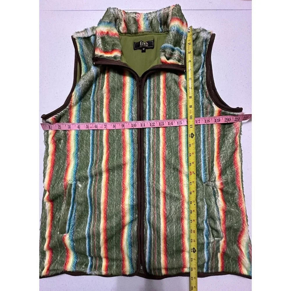 Lucky & Blessed L&B Faux Fur Fuzzy Multicolored Striped Zip Vest Pockets Retro M
